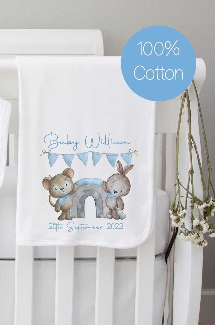 Baby blanket~ Personalised Baby Blanket  100% cotton * Birth Gift ~Blue bunny