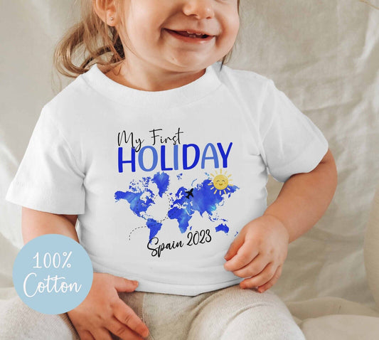 1st Holiday T shirt*Personalised Children's *family holiday~blue  world map