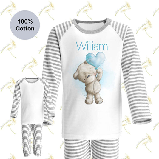 CHILDRENS PERSONALISED~ BIRTHDAY~ PYJAMAS *TEDDY ~ XMAS GIFT ~ GREY/WHITE