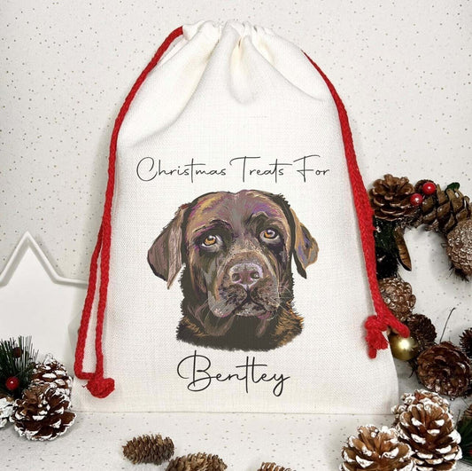 Dog Treat Christmas Personalised Gift Sack~Present bag* Santa ~Choc Lab