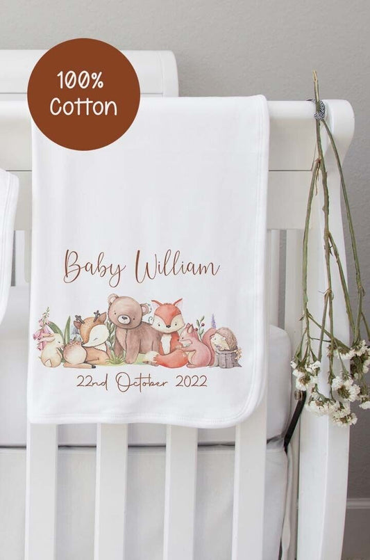 Baby blanket~Personalised Baby Blanket  100% cotton*Birth Gift ~Woodland animals