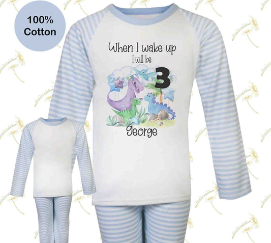 CHILDRENS~ PERSONALISED~ BIRTHDAY~ PYJAMAS~DINOSAUR ~blue Stripe