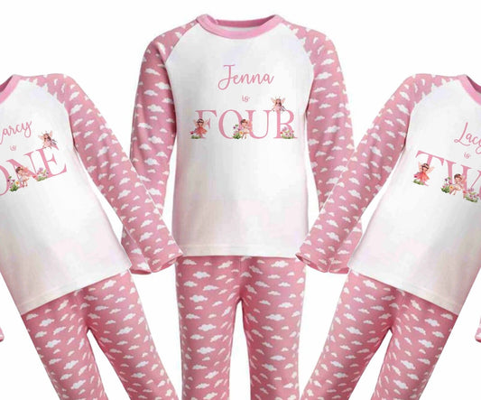 CHILDRENS Personalised BIRTHDAY Pjs*PINK CLOUDS~I AM ONE,TWO,THREE,FOUR , FAIRYS