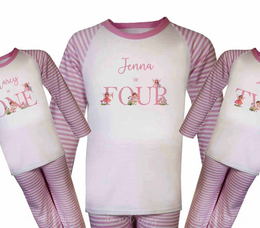 CHILDRENS Personalised BIRTHDAY Pjs*PINK STRIPE~I AM ONE,TWO,THREE,FOUR , FAIRYS