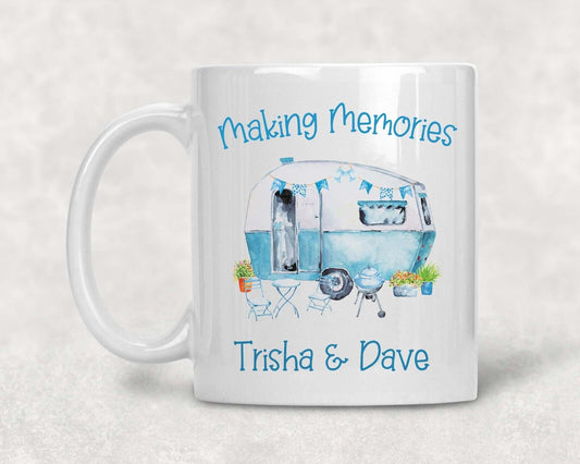 Making Memories ~Ceramic Mug*Gift *Personalised camping , blue  caravan