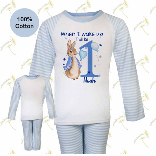 CHILDRENS PERSONALISED BIRTHDAY PYJAMAS *PETER RABBIT *WHEN I WAKE UP *blue Stri