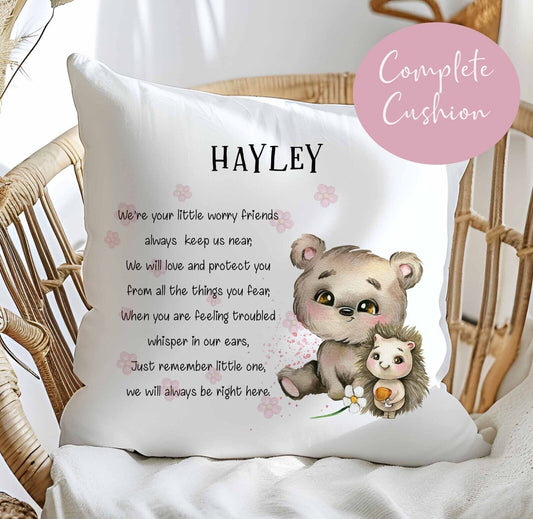 Childs Worry Cuddle Cushion~anxiety~mental health ~woodland animals Bear & hoggy