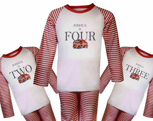 CHILDRENS Personalised BIRTHDAY Pjs*RED ~I AM ONE,TWO,THREE,FOUR , FIRE ENGINE