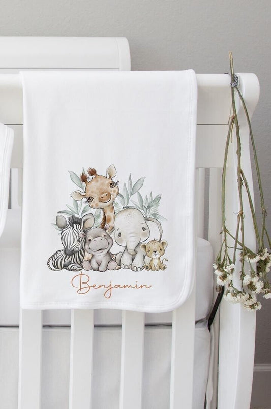 Baby blanket~Personalised Baby Blanket  100% cotton *Birth Gift ~ Safari Animals