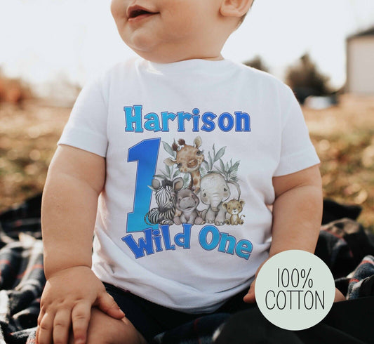 BABIES~TODDLER~BIRTHDAY~T SHIRT* PERSONALISED~WILD ONE~ SAFARI ANIMALS~blue text