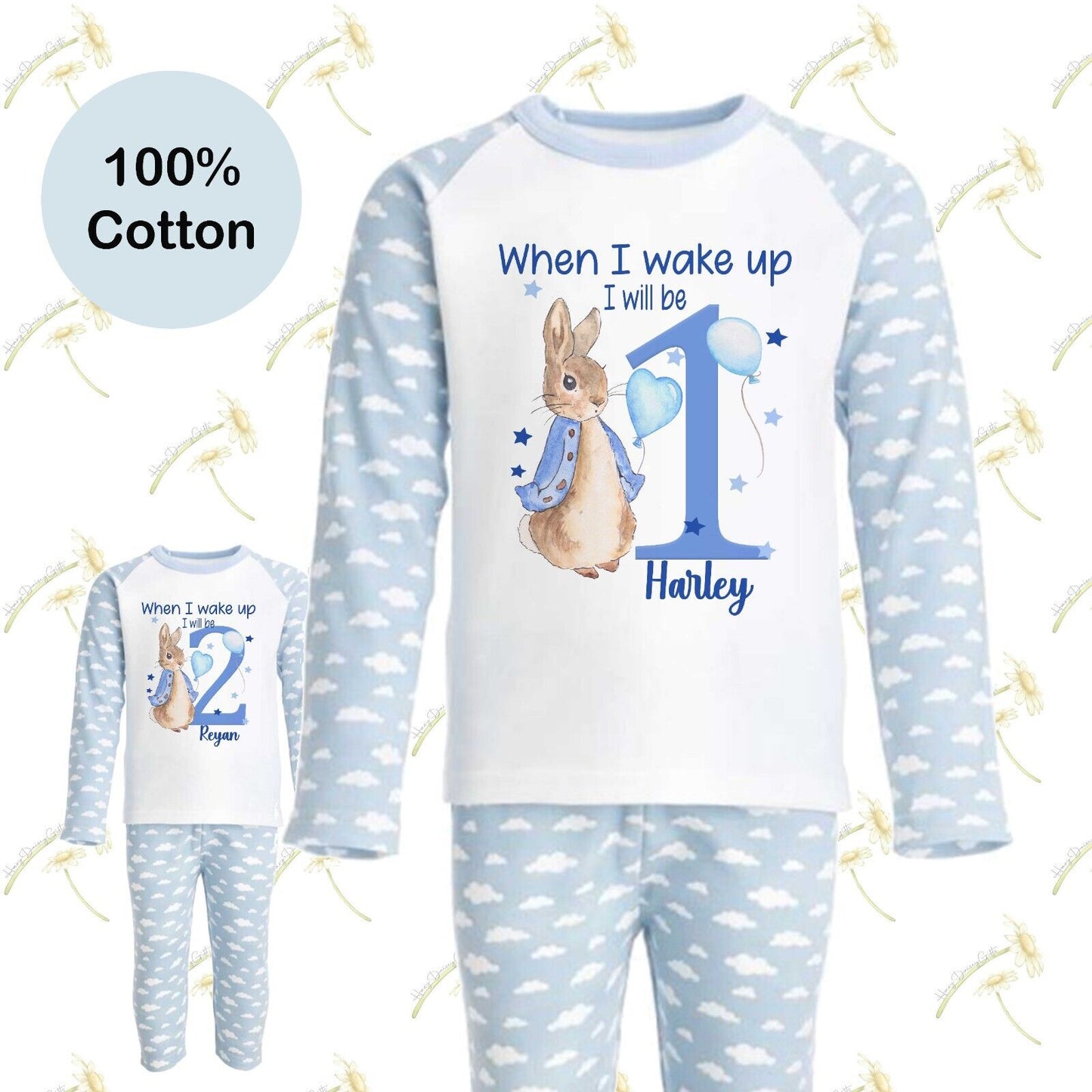 CHILDRENS PERSONALISED BIRTHDAY PYJAMAS *PETER RABBIT *WHEN I WAKE UP *blue