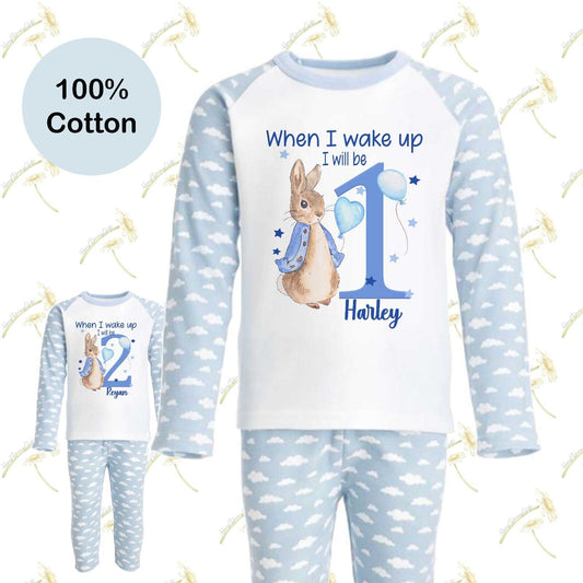 CHILDRENS PERSONALISED BIRTHDAY PYJAMAS *PETER RABBIT *WHEN I WAKE UP *blue