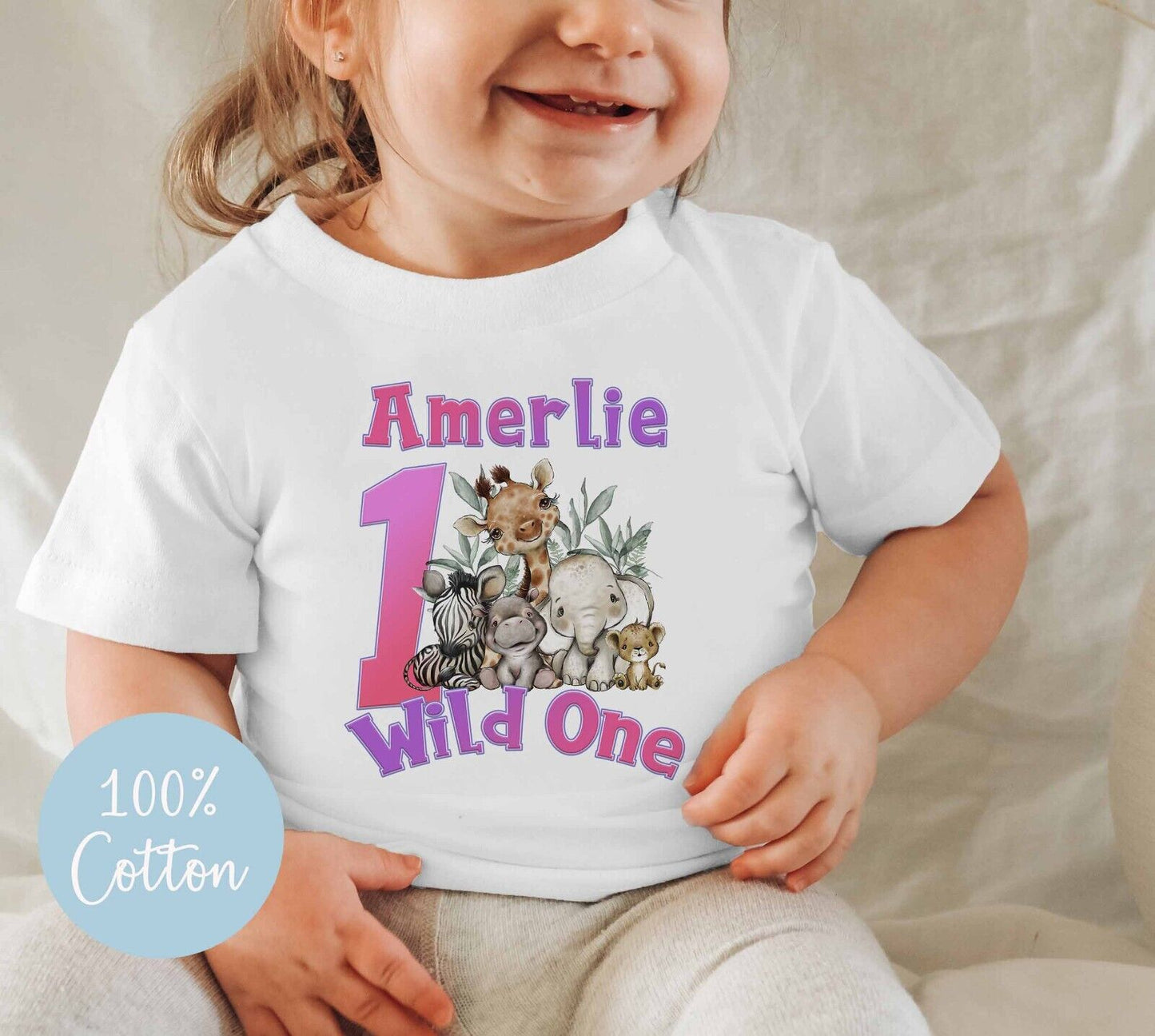 BABIES~TODDLER~BIRTHDAY~T SHIRT* PERSONALISED~WILD ONE~ SAFARI ANIMALS~pink text