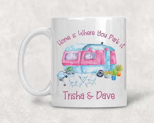 Home is where you park it~Ceramic Mug*Gift *Personalised camping , pink caravan