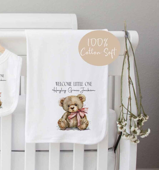 Baby blanket~Personalised Baby Blanket ~cotton *Birth Gift ~ Teddy Bear Pink Bow