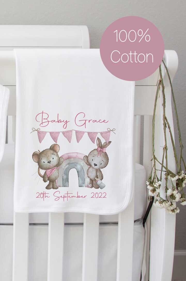 Baby blanket~ Personalised Baby Blanket  100% cotton * Birth Gift ~pink bunny