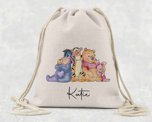 Draw string bag , over the shoulder  or back~pooh & friends  ~personalised gift