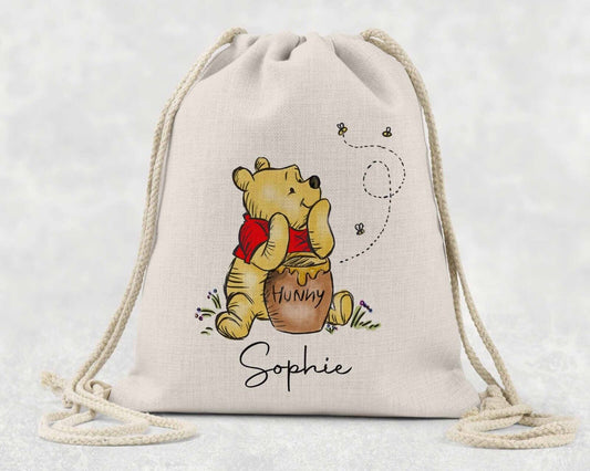 Draw string bag  , over the shoulder  or back Pooh Bear ~ personalised gift .