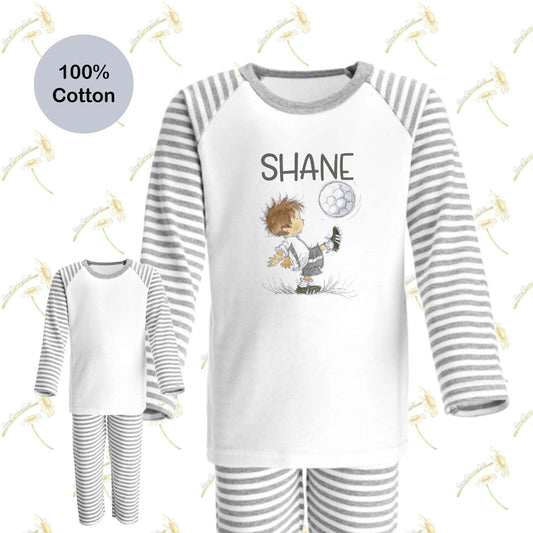 CHILDRENS PERSONALISED~ BIRTHDAY~ PYJAMAS *FOOTBALLER ~ XMAS GIFT ~ GREY/WHITE