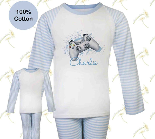 CHILDRENS~ PERSONALISED~ BIRTHDAY~ PYJAMAS~GAMER ~blue Stripe