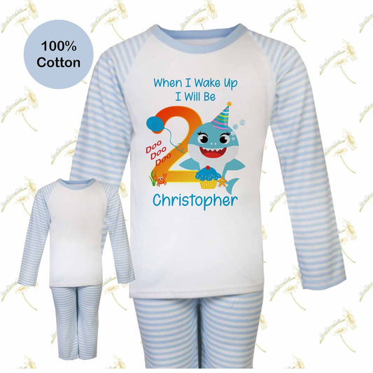 CHILDRENS PERSONALISED BIRTHDAY PYJAMAS *Baby Shark *WHEN I WAKE UP *blue stripe