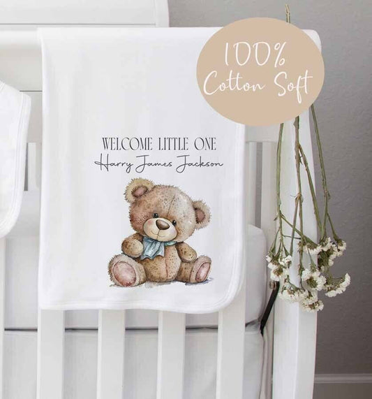 Baby blanket~Personalised Baby Blanket ~cotton *Birth Gift ~ Teddy Bear Blue Bow