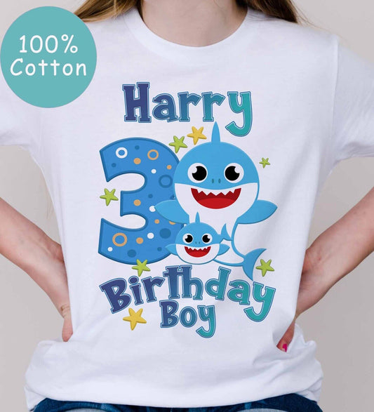 CHILDREN'S BABY SHARK BIRTHDAY BOY  T SHIRT * PERSONALISED 100% COTTON ref11