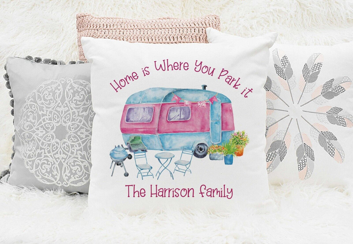 Home is Where you ark it  ,pink,  Personalised  cushion* gift *Camper , Caravan