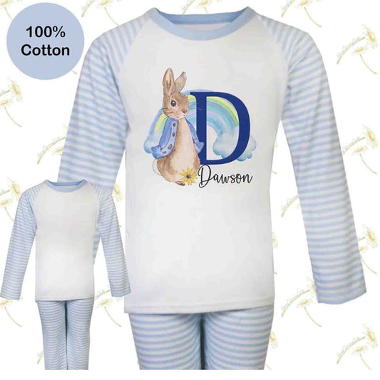 CHILDRENS~ PERSONALISED~ BIRTHDAY~ PYJAMAS *RAINOW ~BPETER RABBIT ~blue Stripe