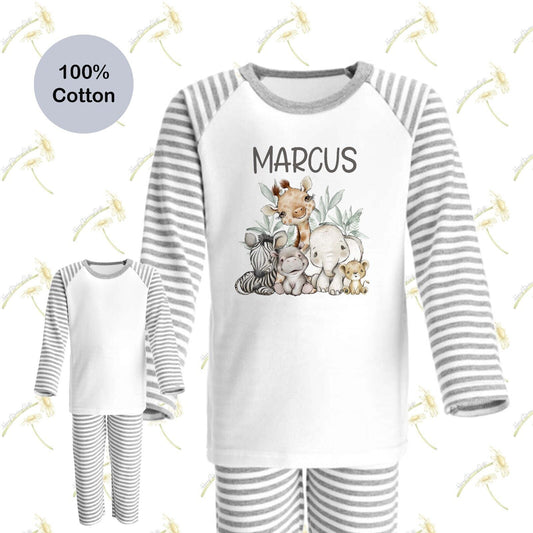 CHILDRENS PERSONALISED~ BIRTHDAY~ PYJAMAS *SAFARI ANIMALS ~ XMAS GIFT~GREY/WHITE