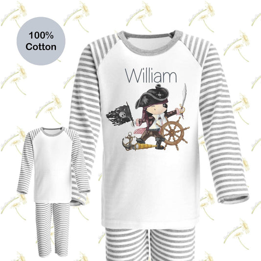 CHILDRENS PERSONALISED~ BIRTHDAY~ PYJAMAS *PIRATE ~ XMAS GIFT ~ GREY/WHITE