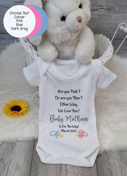 Birth Announcement, Baby bodysuit,or Babygro personalised~ Pink and blue dummy's