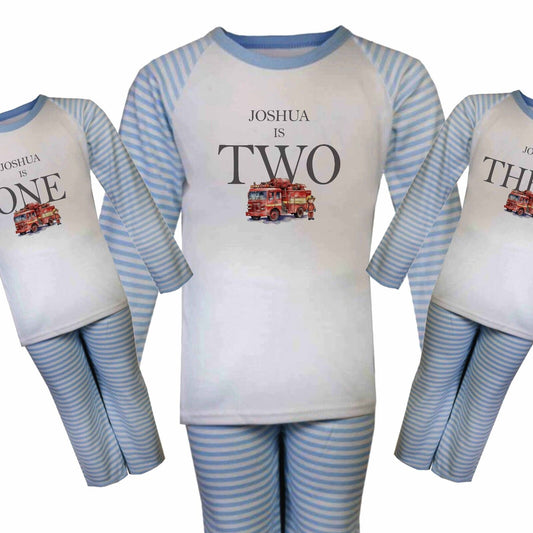 CHILDRENS Personalised BIRTHDAY Pjs*blue  ~I AM ONE,TWO,THREE,FOUR , FIRE ENGINE