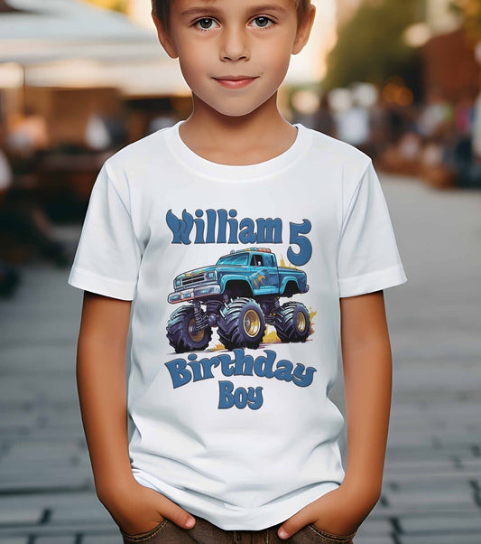 CHILDREN'S MONSTER TRUCK  BIRTHDAY BOY  T SHIRT * PERSONALISED 100% COTTON~BLUE