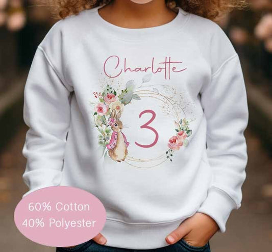 Children's Birthday Sweatshirt~ Jumper~ Personalised ~ Flopsy Rabbit 1,2,3,4