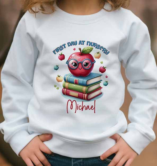 Nursery School , 1st day  Children's Sweatshirt~ Jumper~ Personalised girl or  boy  , blue text