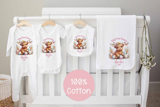 1st Easter  baby Gift Hamper ~birthday ~Baby Gro , Set , bib vest, blanket & gift card  *Personalised~ Highland Calf ~Cow