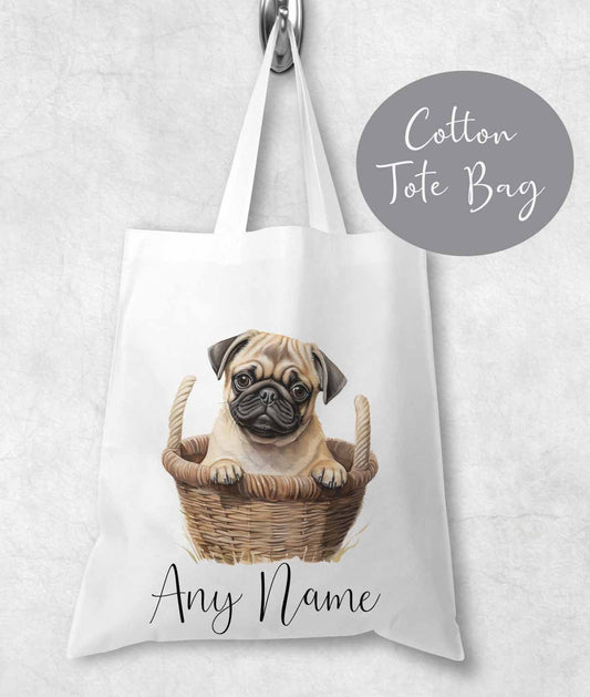 Dog Bag ~Personalised Tote shopping bag ~ lightweight ~gift , birthday , mothers day ~ Pug  puppy in basket